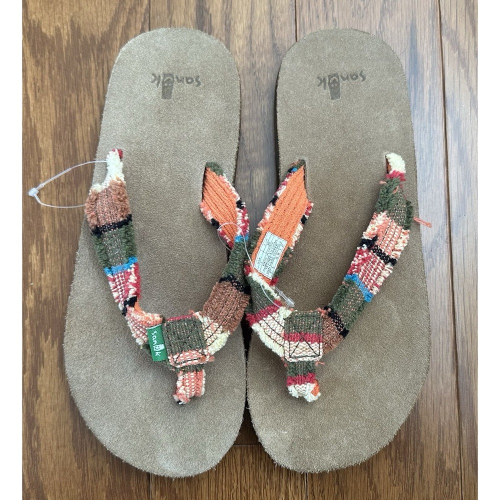 Sanuk Women's Flip Flop Sandals Size 5 Multicolor Green Orange Woven NEW